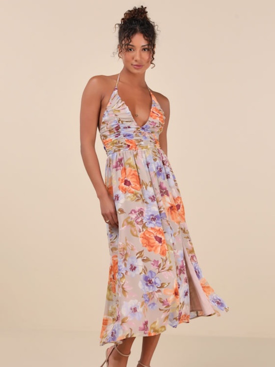 Lulus Dresses & Skirts - Lulus Danelle Taupe Floral Halter A-line Midi Dress - Size M